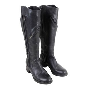 Vera Wang BLACK GENUINE LEATHER TALL MID HEEL RIDING BOOTS MOTO SHOES SIZE 8M